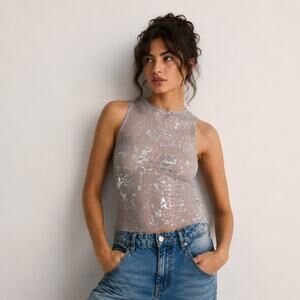 Reserved Metallic Effect Tank Top Womens S Purple Gray Mesh Sheer Fitted Blouse